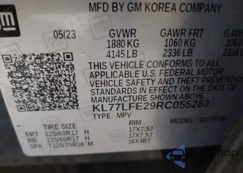 2024 Chevrolet Trax Fwd Sp из США, поврежденный, VIN KL77LFE29RC055283